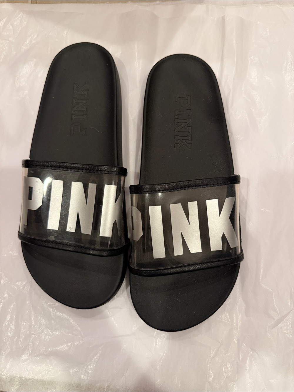 PINK Victoria's Secret Black Slide Sandals with Clear Logo Strap